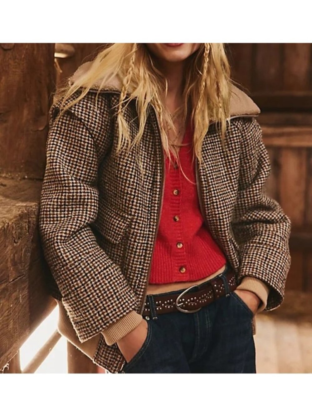 Free People Spearmint Cozy Jacket Grandpa Heritage Town & Country Plaid Womens L
